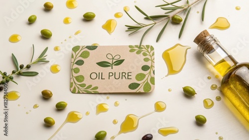 Overhead flat lay of olive oil drizzle and oil pure card