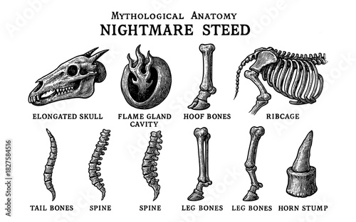 Mythological anatomy of nightmare steed: skeletal parts and mystical features