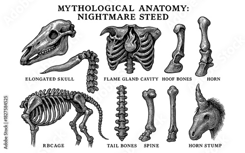Mythological anatomy of nightmare steed with detailed skeletal parts and descriptions