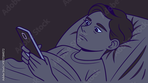 Man using phone in bed at night sleep deprivation insomnia digital wellness screen time social media addiction