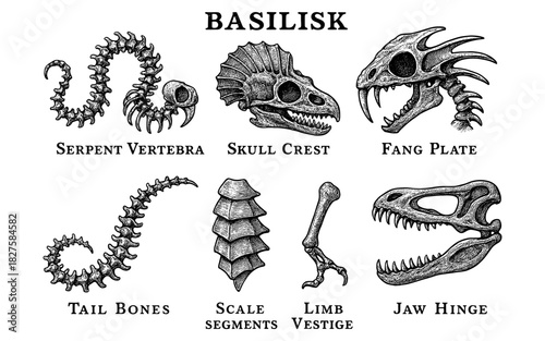 Detailed antique style basilisk anatomy display with mythical creature skull and tail bones