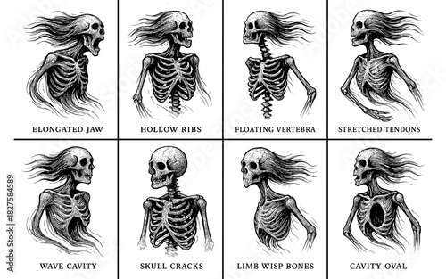 Creepy skeletons with distorted features: monochrome horror art collection