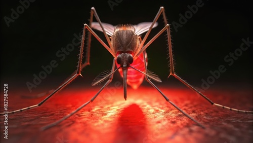 A close-up view of a mosquito feeding, highlighted against a vibrant red background, showcasing its detailed anatomy and feeding behavior.