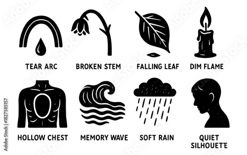 Minimalist icons of nature and human emotions in black silhouette style