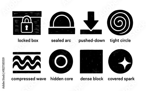 Grunge style symbol set featuring locked box, sealed arc, and tight circle