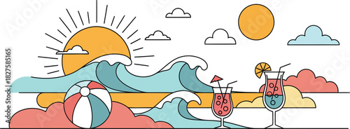 Vibrant cartoon illustration of a sunny beach scene with crashing ocean waves colorful beach ball refreshing cocktails and a surfboard against a bright sky with stylized clouds and a radiant sun