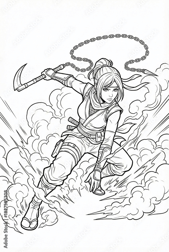 Fototapeta premium Female ninja action coloring page with kusarigama weapon amidst exploding smoke clouds
