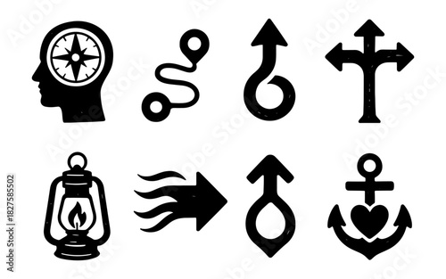Black silhouette icons: navigation, direction, and travel symbols