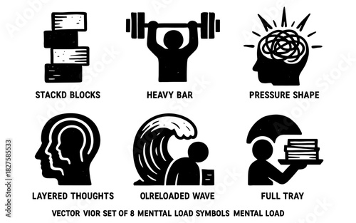 Mental load symbols collection: creative silhouettes representing stress and responsibility