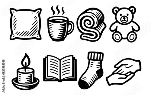 Cozy essentials: hand drawn icons of comfort and relaxation