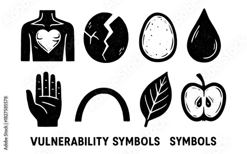 Bold vulnerability symbols collection: clothing, eggshell, teardrop, hand, heart, apple, leaf