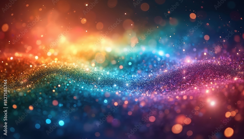 Fototapeta premium Abstract glitter explosion with vibrant rainbow colors. Sparkling particles drift, swirl creating dynamic, illuminated cosmic scene. Festive light bokeh effect adds to magical feel. Use for