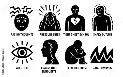 Emotional expressions and mental health icons in bold monochrome style