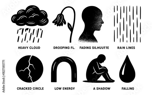 Minimalist dark mood symbols: rain, sadness, and silence