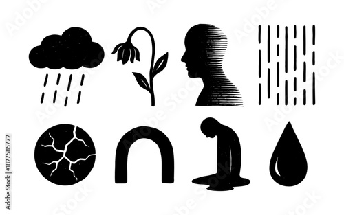 Expressive symbols of sadness and melancholy in artistic black silhouette design