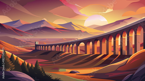 Very beautiful sunset landscape featuring the Ribblehead Viaduct glowing in warm golden light, with rugged foreground rocks and soft atmospheric tones creating a serene countryside scene.
