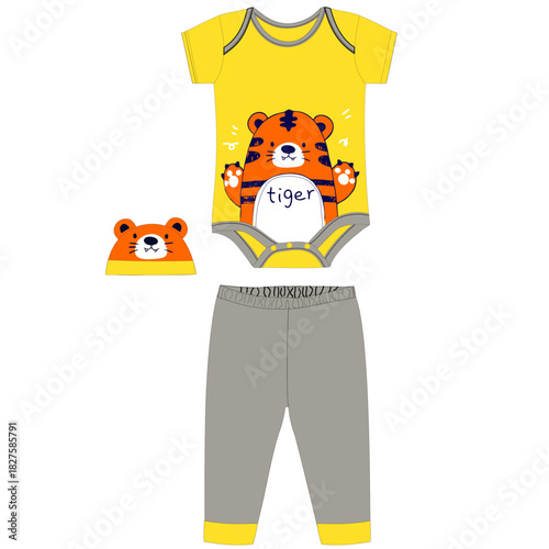 boys body suit with pant  little tiger  with cap print 