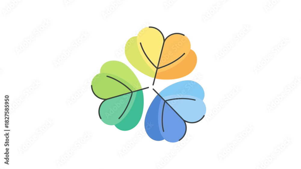 Fototapeta premium Stylized clover with three leaves in green, yellow, and blue on a white background.