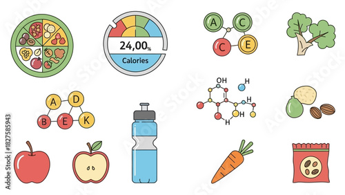 Illustration depicting healthy eating habits, including fruits, vegetables, vitamins, and hydration.