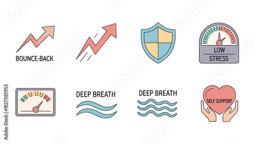 A collection of icons illustrating concepts of resilience, stress management, and mental well-being.