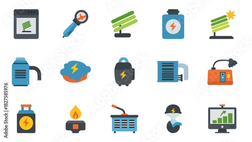 Collection of flat design icons representing various energy sources and related technologies.