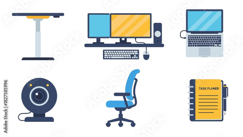 A set of modern office and workplace equipment icons in a flat design style, isolated on a white background.