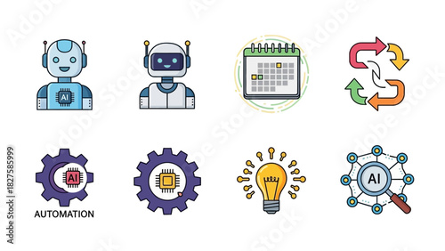 A collection of eight colorful icons representing artificial intelligence, automation, and innovation.