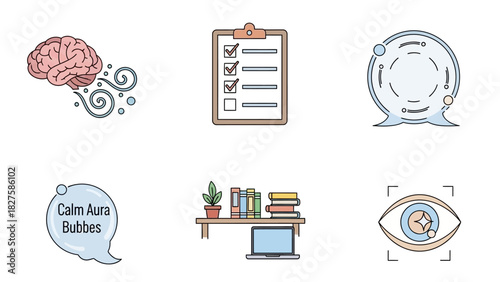 A collection of six icons representing mental well-being, organization, communication, relaxation, study, and focus.