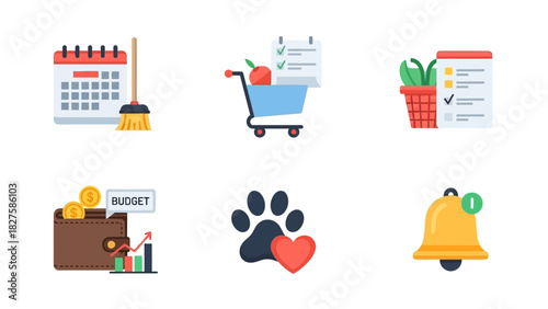 Set of flat icons for daily life management, including chores, shopping, budgeting, and reminders.