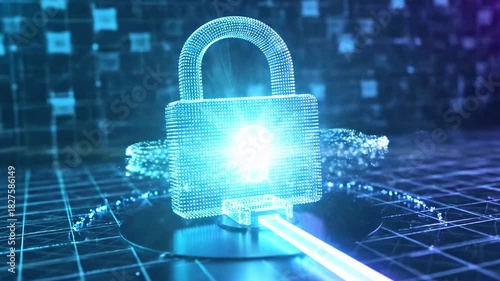 A digital padlock constructed of light particles, symbolizing data security and cyber protection