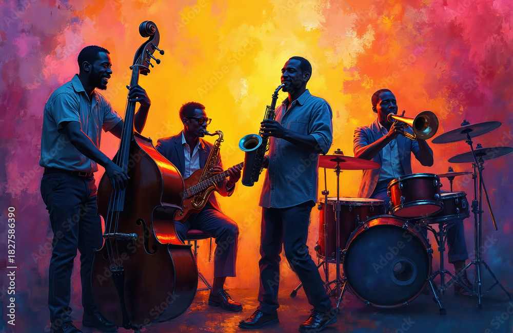 Fototapeta premium African American jazz band performs music on stage with bass guitar saxophone trumpet drums. Musicians jam, create soulful melodies and vibrant rhythm, full of energy and passion.