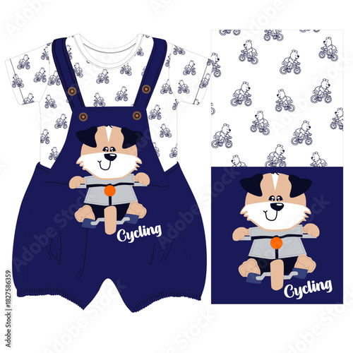 boys  dungaree teddy cycling print vector