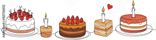 A delightful hand drawn illustration of a variety of festive birthday cakes adorned with fresh strawberries and lit candles perfect for celebrations and party invitations