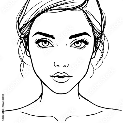 A minimalistic black-ink illustration capturing a woman's expressive eyes with subtle eyelashes and defined eyebrows, and the soft curves of her upper form, including delicate shoulders and a gentle n