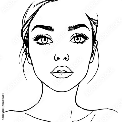 A minimalistic black-ink illustration capturing a woman's expressive eyes with subtle eyelashes and defined eyebrows, and the soft curves of her upper form, including delicate shoulders and a gentle n