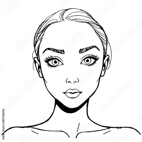 A minimalistic black-ink illustration capturing a woman's expressive eyes with subtle eyelashes and defined eyebrows, and the soft curves of her upper form, including delicate shoulders and a gentle n