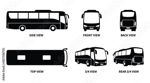 Bus vector drawing set, showing different perspectives of the vehicle.