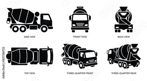 Detailed vector illustrations of a concrete mixer truck from various angles