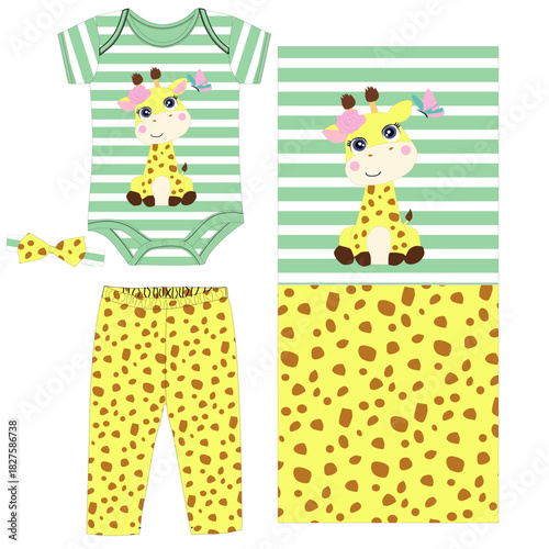 girls body suit with pant  little giraffe  print 
