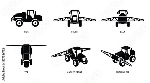 Silhouetted Tractor Sprayer Views: Side, Front, Back, Top and Angled