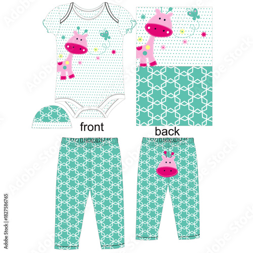 girls body suit with cap & pant little giraffe butterfly  print vector art