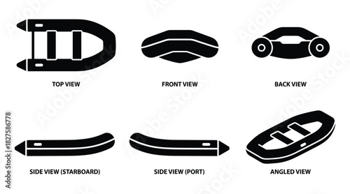 Inflatable boat illustration: Detailed perspectives of a rubber dinghy