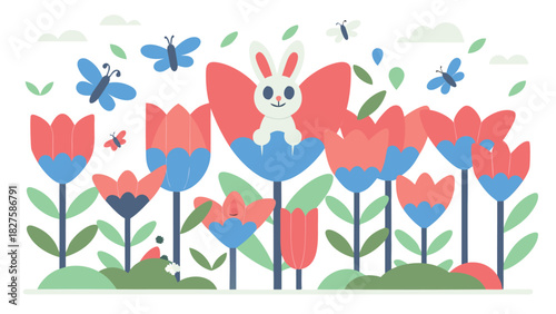 Playful cartoon rabbit in dynamic composition featuring vibrant cmyk colors and classic helvetica and courier fonts ideal for whimsical designs