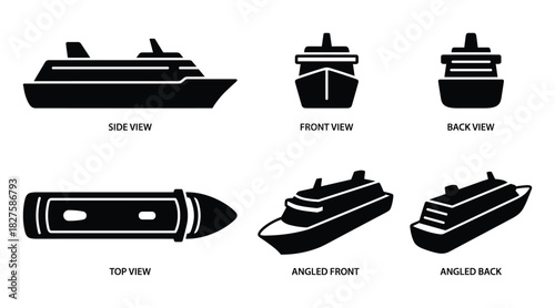 Cruise ship in different views, illustration, nautical vessel outline