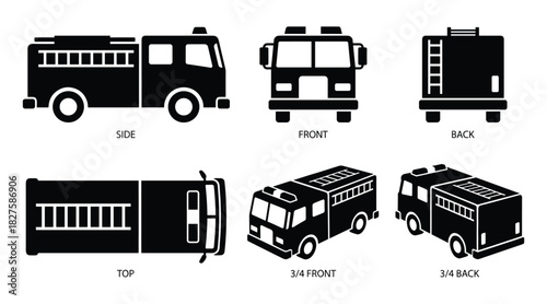 Fire Engine Truck Silhouettes: Detailed Vector Views for Design Projects