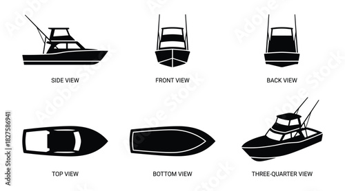 Detailed silhouette illustrations of a sport fishing vessel from various angles