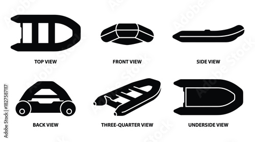 Detailed technical drawing of an inflatable boat, showing various angles.