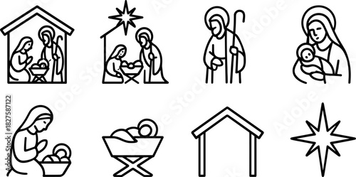 Nativity icons set. Holy family, manger, baby Jesus, Mary, Joseph, Christmas religious outline illustrations