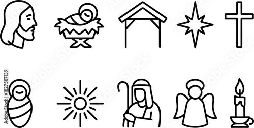 Nativity icons set. Holy family, manger, baby Jesus, Mary, Joseph, Christmas religious outline illustrations
