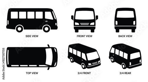 Vector illustration displaying mini bus with multiple views for transport